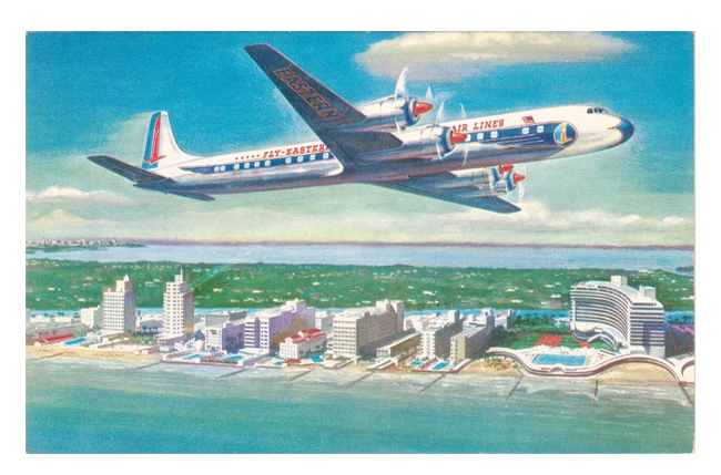 postcard of Eastern Airlines plane over Miami Beach